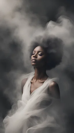 beautiful black women in white Smokey ethereal, heavenly background