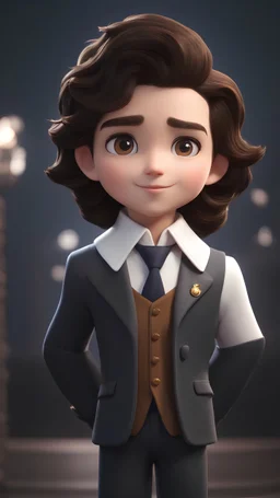 A boy with short hair and a beard in a suit, prince, front view, detailed face, extremely short brunette hair and brown eyes, beautiful cartoon character, disney cartoon, prince doll portrait, beautiful face,full body shot, disney prince, 3d, high quality, 4k