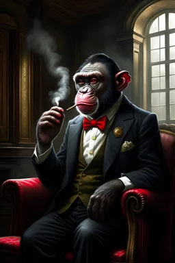 A portrait of a thoughtful chimp in gentleman 's style smoking a pipe like Sherlock Holmes against the backdrop of an aristocratic Victorian hall .