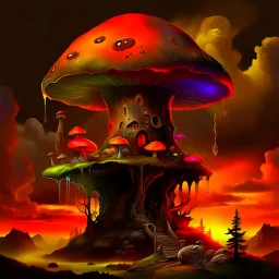 A fantabulous black, orange, and green (((mushroom tower house))) erected atop a (geologic pillar), surrounded by the uncanny imaginative ((( swirling skies))), offset by the stark hues of a (neon-tinged nebulous space scape), within. captured by the hand a skilled master painter with a focus on (softly blurred compositions and voluminous lighting).