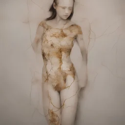 Body of a girl l repaired with the Kintsugi technique, lobg hait parted in the middle