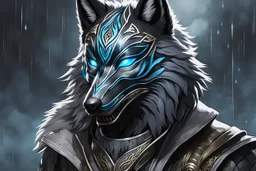 kindred with black wolf mask in 8k anime realistic drawing style, Shinobi custom, rain, apocalypse, intricate details, highly detailed, high details, detailed portrait, masterpiece,ultra detailed, ultra quality