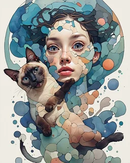 Abstract biomorphic mixed-media painting of woman with Siamese ca, caught in a dynamic off-balance pose inside [SCENERY]. Build the figures from irregular floating shape-cells, softly warped anatomy, oversized curious eyes, rounded mask-like faces, playful distorted proportions, and interlocking organic fragments that feel hand-cut and reassembled. Use pastels with translucent alcohol-ink blooms, watery pigment stains, dry watercolor edges, milky gradients, saturat