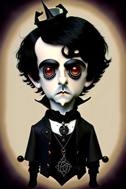 black haired black eyed young man necromancer steampunk goth Gnome that looks like a young Edgar Allan Poe with gothic jewelry in the style of Charles Addams