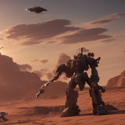 Armored Core machine robot fights another Armored Core fly in the sky in the desert with the ocean where you can see the space in the sky with the twilight on the horizon, 4k resolution