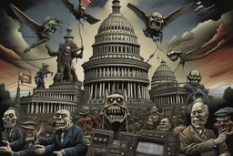 an evil government looms above, wielding puppets below as the news media broadcasts their suffering in the background, dystopian, dread, horror