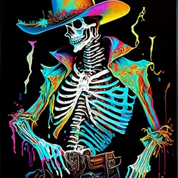 leroy nieman splash color painting of a skeleton cowboy, portrait, creepy, diffusion, expressionism, dark background