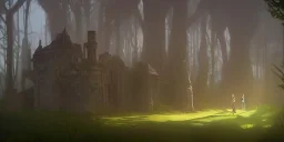 Ruined overgrown small castle in a forest, light rays, dynamic lighting, night