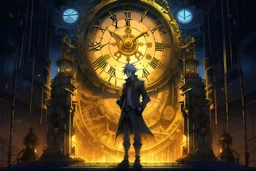 cyberpunk anime man standing in a clock tower made of gold with cogs ticking