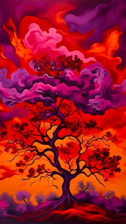 Painterly. Abstract. A yellow purple in red silk raiments. Anomalous red cloud issuing forth from the heart. Simple yet majestic, a trees in black