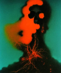 broken skull. black background. smoke and explode. particles in air. teal and orange. abstract. beksinski.