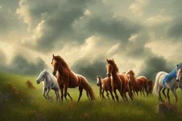 illustration horses of different colors in a field from afar