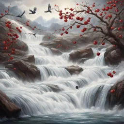 Rustic cherry branch floating down narrow rushing river, violent rapids, white peaks, birds flying. Highly detailed, fantasy, beautiful,hyperrelastic,