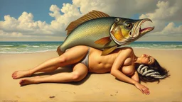 A surrealist painting depicts a hybrid creature with the lower body of a woman and the upper body of a fish, lying on a sandy beach.