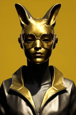 Medium Close Up Portrait, Front image. cyberpunk, rabbit mask, sweet woman, gold hair. Leather, feather suit army. Yellow, red, color. Versace style. Color background, photo studio. Avatar image, highly detailed, concept art, smooth, unreal engine 5, ray tracing, RTX, lumen lighting, ultra detail, volumetric lighting, 3d, finely drawn, high definition, high resolution.