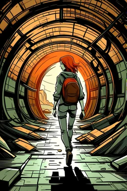 A cartoon illustration of a read-head woman in a post-apocaliptic setting walking towards the exit of an empty tunnel.