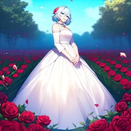 gorgeous anime girl wearing a yellow and white dress ,standing in a meadow of flowers, spreading rose pedals on the ground. beautiful eyes and a stunning smile, blue eyes, two blue eyes, perfect nose and rosy cheeks and red lips