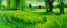 A green grassland near a clearing painted by Vincent van Gogh