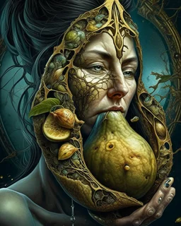 Grunge, woman as a decaying dried out Pear intricately showing its internal structure and seeds, cyberpunk, ultra unique natural textures, slight imperfections, vray.