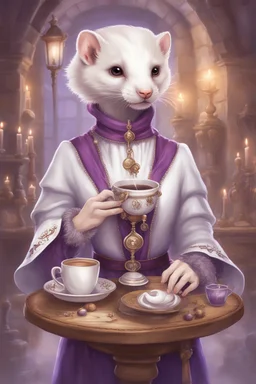 (anthropomorphic white ferret girl),dressed in cleric white and purple clothes with ornaments, realistic anatomy, fantasy tavern on background, mage and holy symbols around, serious face, hold cup of coffe, tired