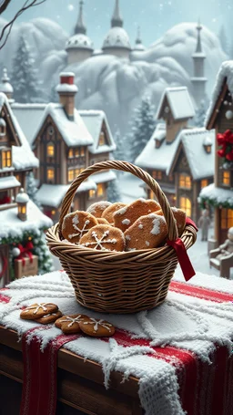 basket of Christmas cookies on table in snow dusted fairytale Christmas town, 8k, high quality, trending art, trending on artstation, sharp focus, studio photo, intricate details, highly detailed, by tim burton