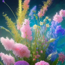 one big crystal subtle flower garden blue and pink in a galactic ambiance delicate colors, bin the foreground, full of details, smooth，soft light atmosphere, light effect，vaporwave colorful, concept art, smooth, extremely sharp, full body shot, masterpiece, best quality, blue skinned, sparkling eyes, fluorescent skin,blue eyes,sparkling makeup, long blond hair, fairy style , highly detailed body, sun light, 4K, RAW, depth of field,high contrast,realistic de