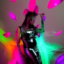 A 1990s or early 2000s magazine party photoshoot. Neon blob, metallic spikes, ethereal. Extremely detailed, HD photography, high quality, stylized, dramatic, high contrast, high exposure.