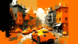 An orange colored mechanical town with speedy cars in impressionism art style
