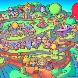 Village in the cosmos in pokemon style and dr seuss style