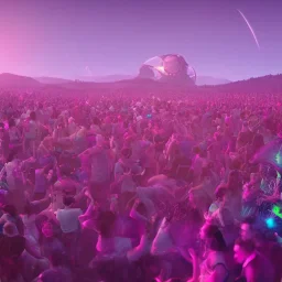 GIANT DANCE PARTY, FESTIVAL IN THE MOUNTAINS, MUSIC FESTIVAL, CROWD, ALIENS, cinematic lighting, 4k, 8k, octane render, digital concept art, ambient lighting, PINK