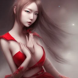 Japonesa hitomi Tanaka sozinha, vestido vermelho, rosto muito detalhado, rosto realista, perfil, realista, efeito névoa, particulas