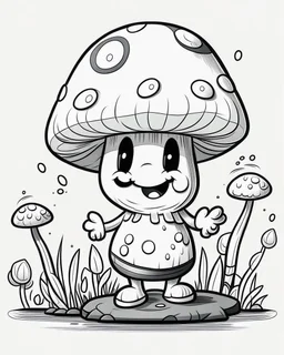 black and white digital art, kawaii style mushroom – human adult, mining action pose outdoors, realistic, outlined art, line art, adult coloring book no border