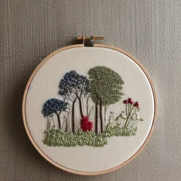 exquisite whimsical woodland in embroidery hoop, intricate, highly detailed, linen and wood backdrop