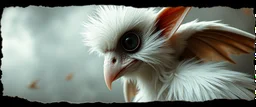 3d airbrush render, white fluffy magpie elf vampire alien dodo , pinhole cam, airbrush 3d rendering, in the style of Titian and Dali , torn edges on border