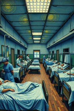 Busy Hospital beds room with nurses and doctors and full of patients in beds the End of Time; Pointillism; in the style of Vincent Van Gogh