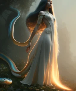 Holy Virgin, celestial light, beautiful, long fabric dress, beautiful long black hair to the waist, snake around body, head and shoulders portrait, 8k resolution concept art portrait by Greg Rutkowski, Unreal Engine 5 volumetric lighting