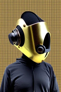 Metallic Cyber-punk style camera-mask and old headphones. Large fencing mask covers cheeks. Trim man. Reflective plastic body surface, golden skin, full-coverage. Body and Head full of integrated old-fashioned cameras and an old telephone. Golden to black surfaces body. Perfect body. Equations, Euclidean 3D-tiling, Escher tiling. Soviet propaganda in 1990's. Cables in head. Daft Punk. Matrix leather jacket. Hoodie. Beanie.