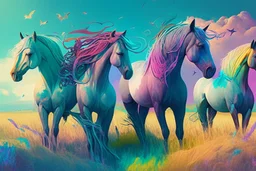 illustration fantasy horses of different colors in a field