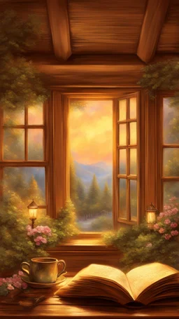 an open book sitting on top of a wooden table, thomas kinkade. cute cozy room, storybook illustation, storybook art, dream scenery art, by Pamela Ascherson, very beautiful fantasy art, vignette of windowsill, warm beautiful scene, cosy enchanted scene, cozy home background, style thomas kinkade, sunlit windows, scenery artwork