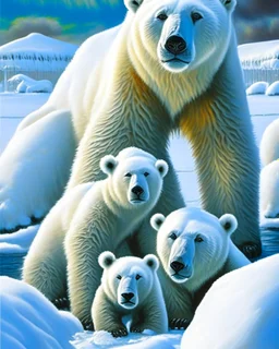 Oso polar con sus cachorros en la nieve cuerpo completo obra de arte pintura al óleo colores contrastantes nítido impactante hiperdetallado sombras 3D hiperrealista coherente clima soleado nubes iluminación cinematografica 8k