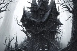  Wednesday Adams, black and white, one tall narrow scary house , pointy roof, cursed trees , dense dark forest, forest background, spiders, bats, bones, Escher style