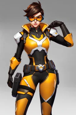 Conceptual artwork for an Overwatch character skin that envisions Tracer from Overwatch as a Power Ranger, helmet included, maintaining the original color scheme and elements of her primary attire.