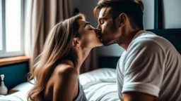 Couple in love kissing on the bedroom at home. Loving boyfriend and girlfriend sharing love together.