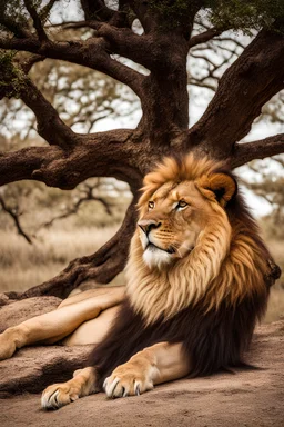 A majestic lion with a flowing mane, relaxing under a tree.