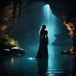 In a cave, dimly lit by a flickering torch, a shadowy figure emerged from the depths of the murky waters. The air grew thick with a sense of ancient magic as La Dame du Lac, the Lady of the Lake, materialized before the startled eyes of the weary traveler. Her ethereal beauty was juxtaposed with a fierce intensity, her gaze piercing through the darkness like a blade. seen through a door peephole. Circular fisheye lens distortion, dark vignette around the edges, warped perspective.