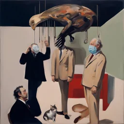 UN conference,a cat and human flesh-like surgical instruments and universe-like a pigeon and neuralink, surrealism,minimalism,Painting By Adrian Ghenie, Rene Magritte, Salvador Dali, Lucian Freud