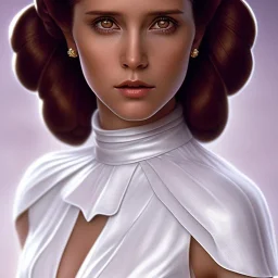 stunning half-body portrait photo of princess leia from Star Wars, hazel iris, wlop, artgerm, akihiko yoshida, and liang xing, detailed face, doe eyes, intricate braided hair style, symmetrical eyes, trending on artstation, highly detailed, white dress, dynamic pose, intricate outfit, space ship and galaxy background