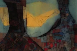 Patchwork nostalgia, a glamorous portrait , patina of ancient stone with moss, art brut, moody, somber, desaturated colors, in the style of Paul Klee, Arthur Rackham