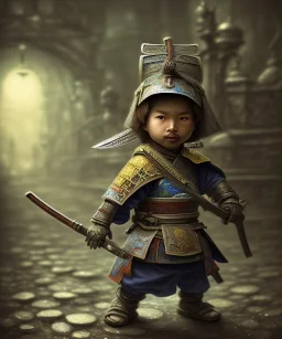 little boy samurai. shadows, Brent Weeks, Night Angel, cobblestone street alley, highly detailed, hyper-detailed, beautifully color-coded, insane details, intricate details, beautifully color graded, Cinematic, Color Grading, Editorial Photography, Depth of Field, DOF, Tilt Blur, White Balance, 32k, Super-Resolution, Megapixel, ProPhoto RGB, VR, Halfrear Lighting, Backlight, non photorealistic rendering