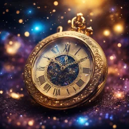 golden pocket watch with nebula and cosmic, sharp focus, high contrast, dark tone, bright vibrant colors, cinematic masterpiece, shallow depth of field, bokeh, sparks, glitter, 16k resolution, photorealistic, intricate details, dramatic natural lighting